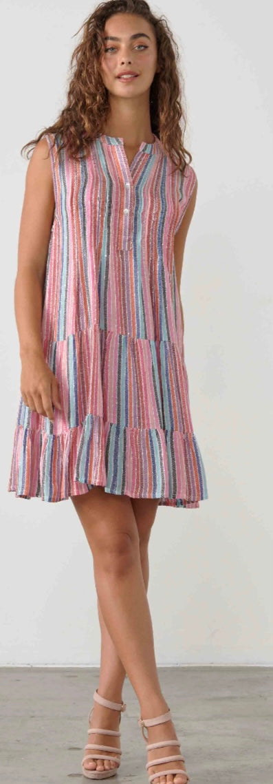 Sleeveless Multi Striped Dress With Sequins