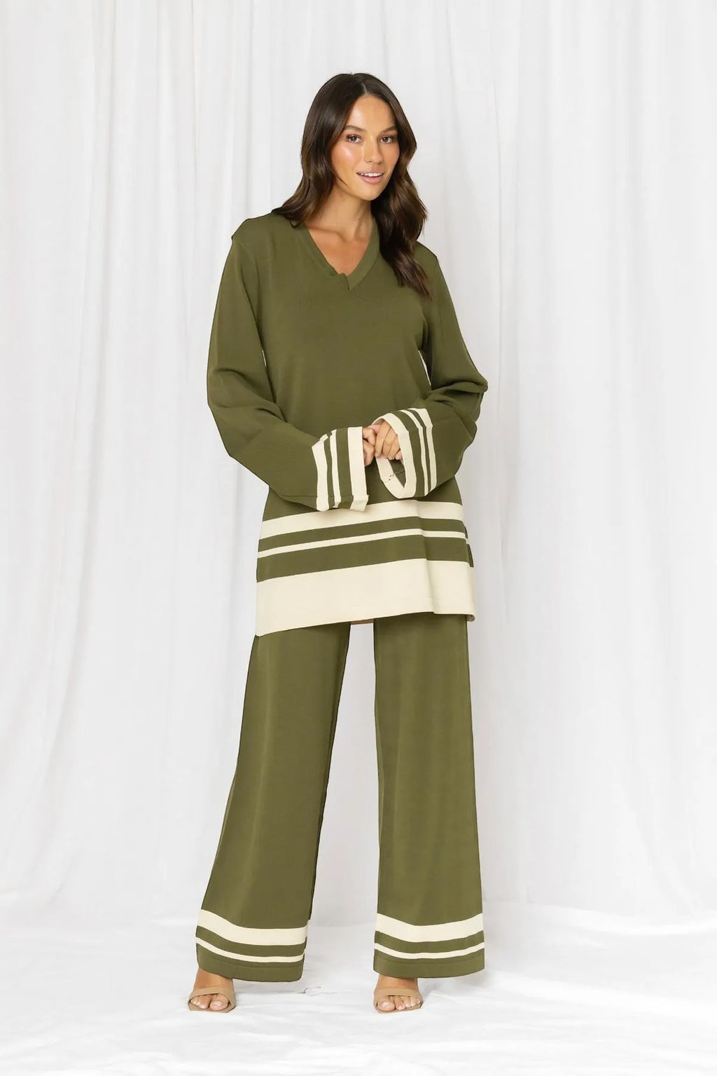 Porsha Contrast Stripe Knit Top & Pant Set - Olive